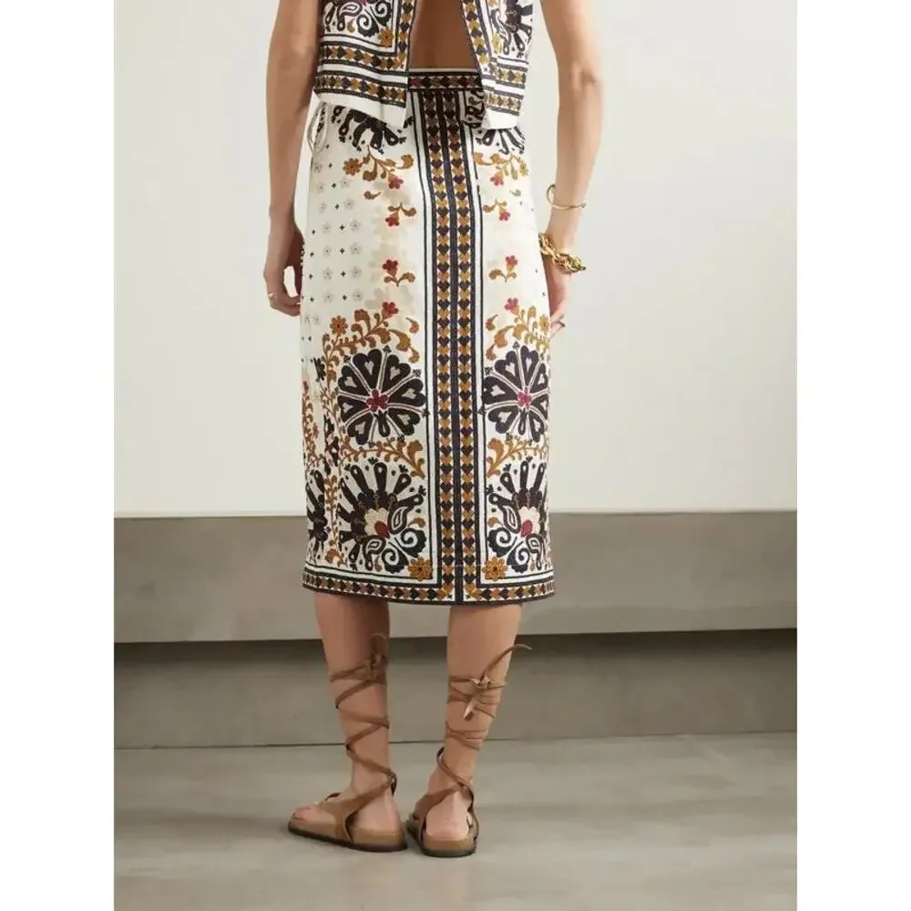Farm Rio Wrap Midi Skirt Size L Off White Linen Flower Fan Tapestry Tie-Waist
